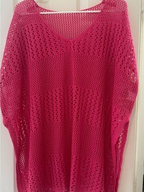 SHEIN Hot Pink Open Knit V-Neck Swim Coverup